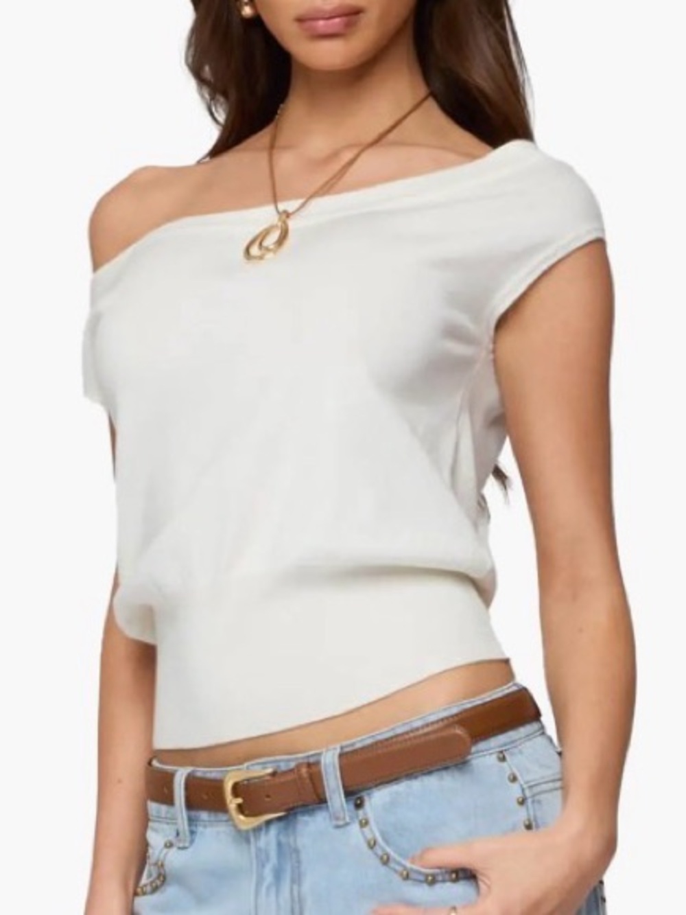 Edikted Off Shoulder Sleeveless Ivory Knit Top